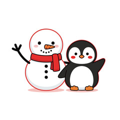 Cute cartoon snowman and penguin friends waving hello.