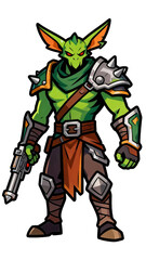 Fototapeta premium Stylized depiction of a green humanoid creature wearing fantasy armor and holding a firearm