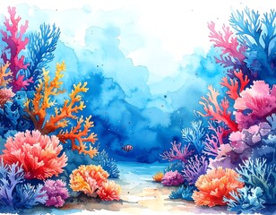 Watercolor depiction of vibrant coral and ocean life in aquatic setting