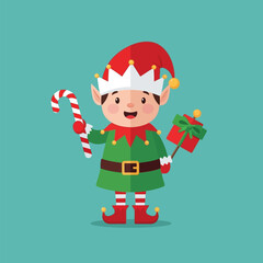 Cute Christmas Elf Holding Candy Cane and Gift.