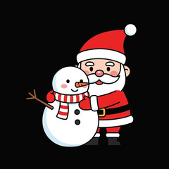 Cute Santa Claus and Snowman Hugging on a Dark Background.