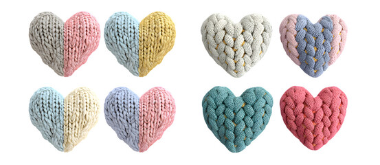Collection of colorful chunky knit hearts isolated on a white background.