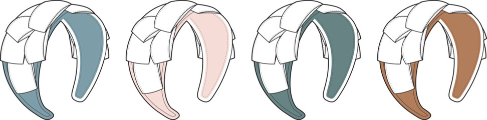 Four abstract representations of headbands with overlapping segments in shades of blue, pink, green, and brown