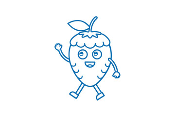 A cheerful blue line strawberry person waves and walks happily on a white background