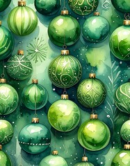 Watercolor-style holiday ornaments in varying shades of green
