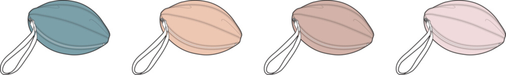 Fashion accessory concept featuring a collection of four elegant women's clutch bags or wristlets in soft, trendy pastel colors