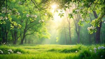 Serene Springtime Meadow Landscape Sunlit Forest with Blooming Branches and Lush Grass