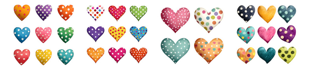 Vibrant assortment of colorful hearts with unique patterns and textures.