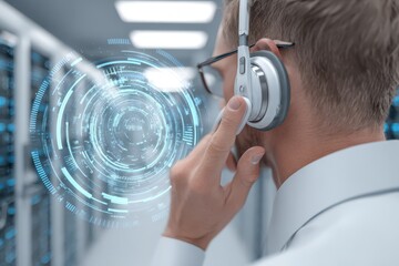 Professional with headset engaging futuristic UI in a data center.