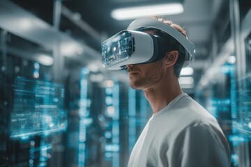 Man wearing VR headset, focused on a futuristic digital data interface.
