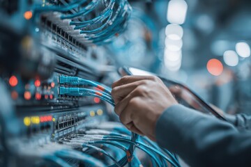 Close-up of an IT engineer managing network cables in a modern data server room.