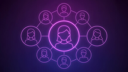Neon illustration of a network of people connected by lines on a purple and blue gradient background
