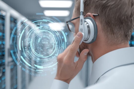 Professional with headset engaging futuristic UI in a data center.