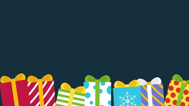 Minimal flat Christmas background animation with trees and colorful gift boxes, perfect for festive greetings or holiday intros.
