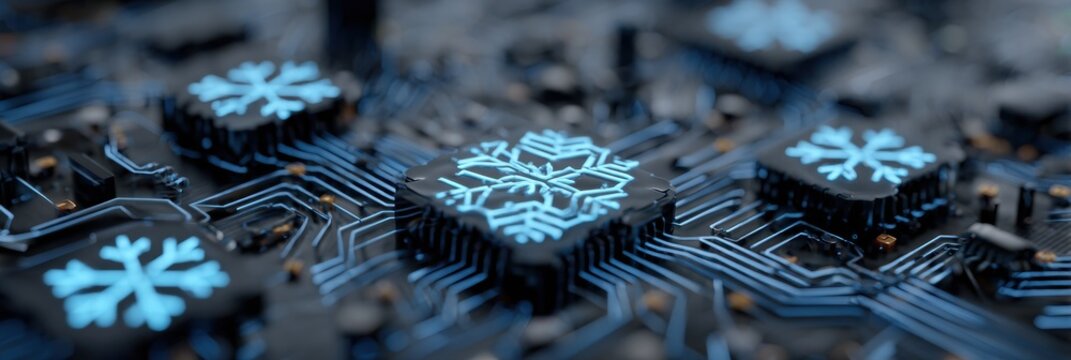 Detailed perspective showcasing a circuit board with blue illuminated snowflake designs on black microchips, highlighting the complexity of modern technology.