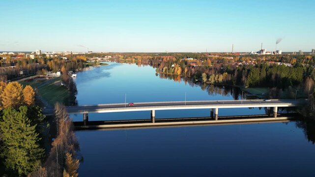 Calm autumn morning aerial view river scenery in Oulu, Finland