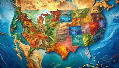 A vibrant illustration showcasing the United States, each state rendered with textured, topographical detail. The country is submerged in a swirling, artistic ocean