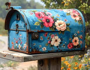 Weathered, floral-painted mailbox in a sunny garden setting