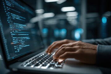 Hands typing code on a laptop keyboard in a futuristic tech environment at night