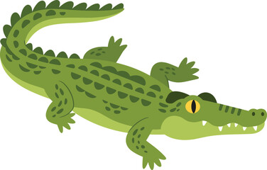Green crocodile cartoon illustration in flat style, dangerous reptile lying on ground, wildlife animal character concept, vector design background