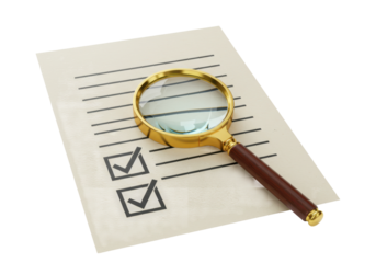 Isolated checklist on paper with magnifying glass for detailed review and confirmation