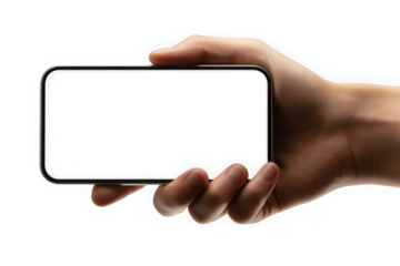 Hand holding a modern smartphone horizontally with a dark screen isolated on transparent background