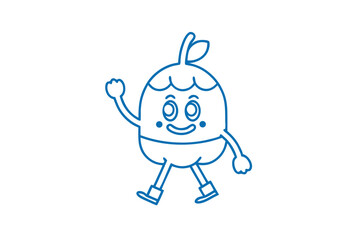Cheerful cartoon fruit character joyfully walks, waving its hand in a friendly greeting