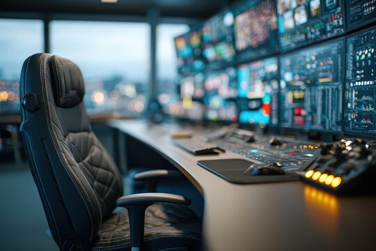 Modern control room with multiple monitors displaying data and an empty ergonomic chair.