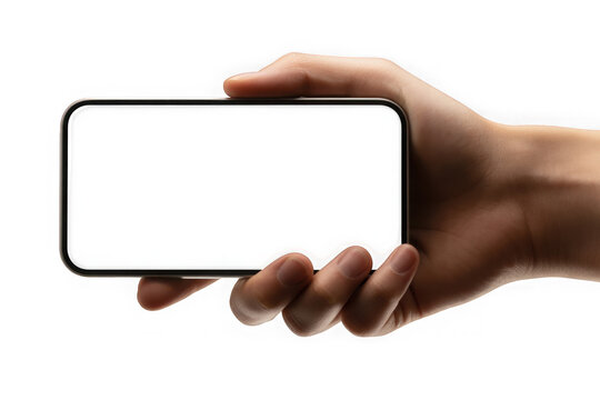 Hand holding a modern smartphone horizontally with a dark screen isolated on transparent background