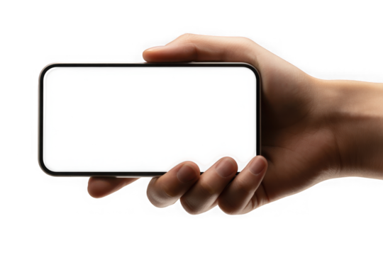 Hand holding a modern smartphone horizontally with a dark screen isolated on transparent background