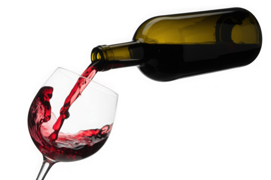 Red wine being poured from a bottle into a glass isolated on transparent background