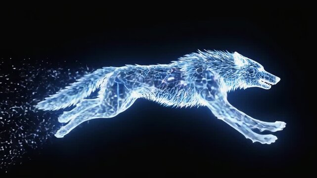 Ghostly wolf made of blue light and particles running in the dark, ethereal spirit animal, mystical creature 4k video