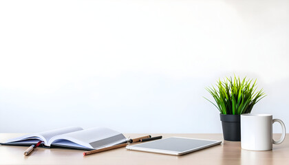Open Notebook, Tablet, Plant and Coffee Mug on Desk with Copy Space