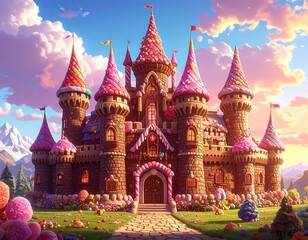 Whimsical candy-coated fairytale castle set amidst colorful landscape