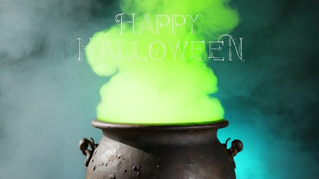 Happy halloween text above a bubbling cauldron emitting green smoke, symbolizing a witchs brew or potion 4k video