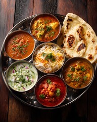 A delicious traditional Indian thali platter presentation close up