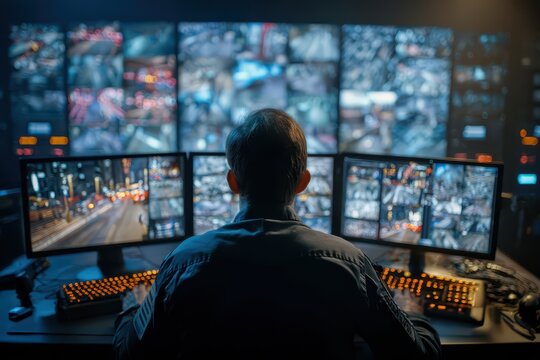 Operator monitoring multiple live surveillance screens in a dark control room.