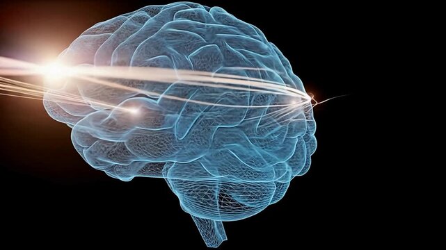 Abstract 3D animation of a glowing digital brain illuminated by data streams, symbolizing artificial intelligence learning, neural networks, and cognitive data processing - Powered by Adobe