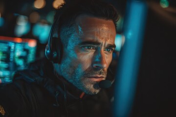 Dedicated IT professional with headset deeply focused on a computer screen