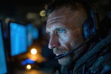 Intense man with headset and blue eyes focused in a dark control room.