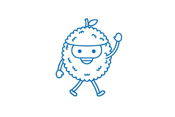 Blue jackfruit cartoon character winks and waves while walking against white background