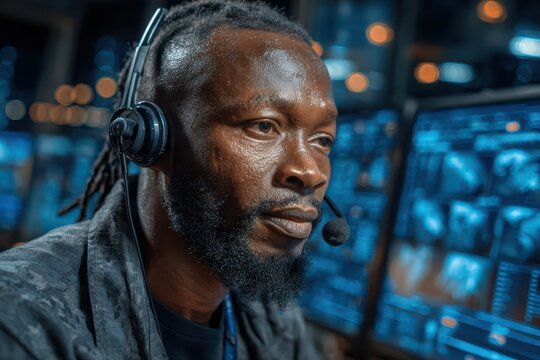 Focused African American man with headset monitoring data in a control room.