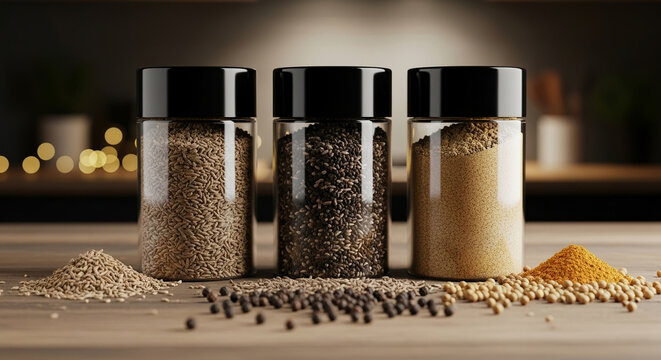 Aromatic trio of essential spices in glass containers, featuring peppercorns and seeds, ready for culinary creations in a warm kitchen setting - Powered by Adobe