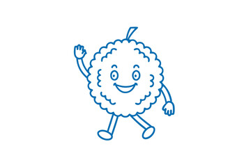 Animated rambutan character cheerfully waves while walking, drawn with simple blue lines on white