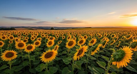 Expansive Field of Sunflowers at Golden Hour Sunset