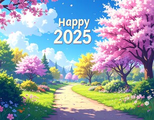 Whimsical illustration of a sunny park with blooming cherry blossoms & path