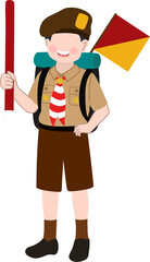 Illustration of Boy Scout in Uniform  with Backpack and Scout Staff