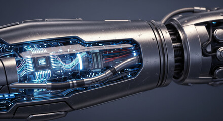 Fototapeta premium Robotic Arm Close-Up High-Tech Cybernetic Engineering Design: Future Tech, Bionic, Mechatronics, Cutting-Edge Innovation
