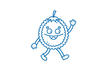 Blue durian cartoon character is happily walking and greeting on a white background