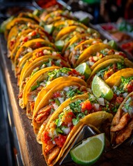 Close up of delicious Mexican tacos filled with grilled chicken